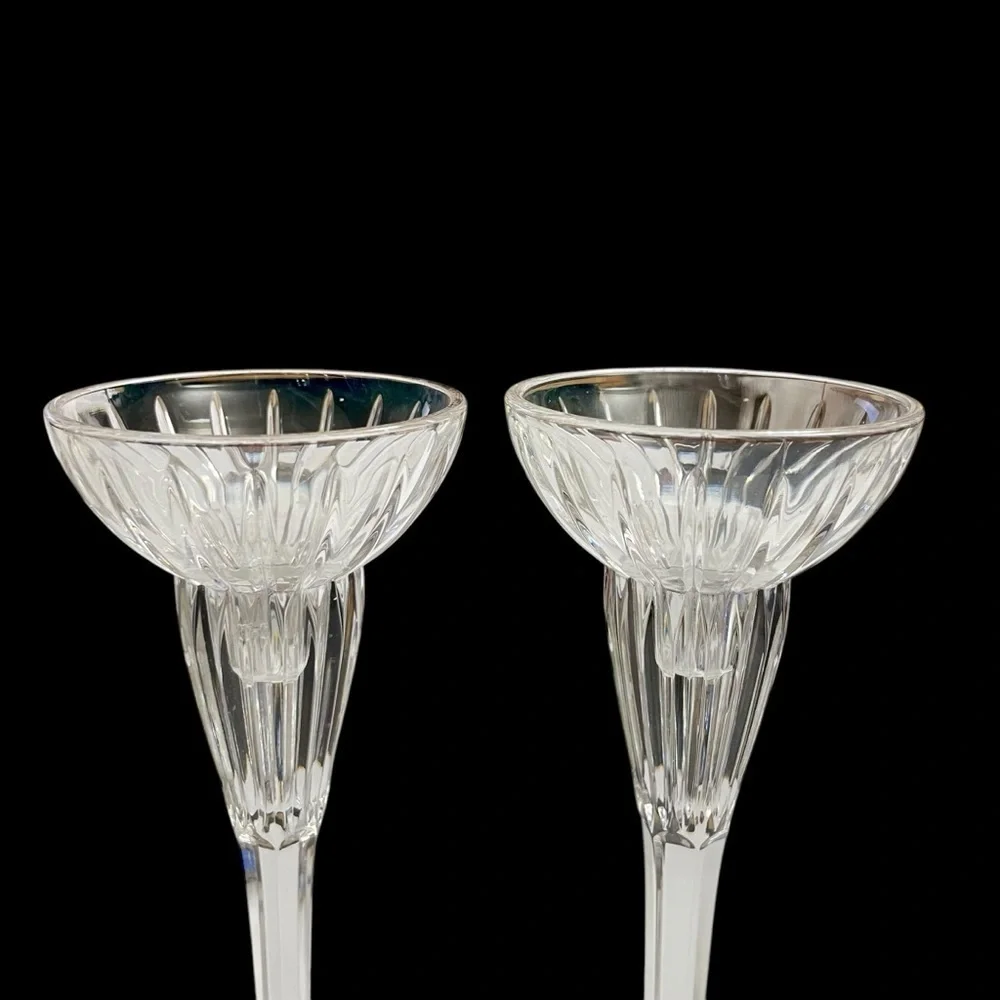 Pair Mikasa Golden Tiara Crystal Candlesticks Germany Gold Rim 8 5/8”
